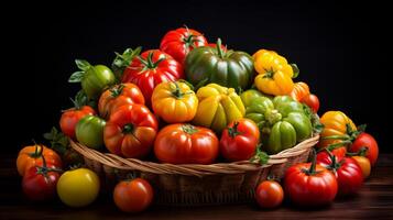 ai généré panier débordé avec une variété de héritage tomates photo