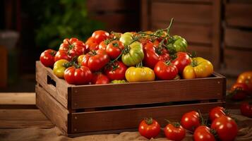 ai généré rustique Caisse vitrines héritage tomates photo