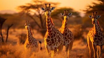 ai généré d'or savane avec girafe groupe dans la nature photo