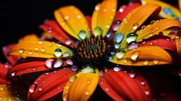 ai généré le beauté de l'eau gouttelettes sur une fleur pétale dans proche en haut, montrant le détails et variations de le couleurs et reflets photo