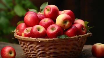 ai généré mûr rouge pommes recueillies dans une charmant rustique récipient photo