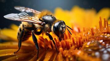 ai généré macro de une abeille sur une Jaune fleur peu profond profondeur de champ photo