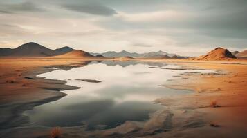 ai généré surréaliste Lac dans une Dénudé désert paysage dans la nature Contexte photo