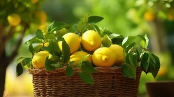 ai généré tissé panier rempli avec vibrant, parfumé citrons photo