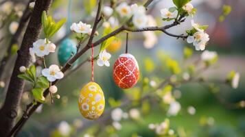 ai généré coloré Pâques des œufs pendaison sur épanouissement arbre branches Extérieur dans jardin. photo