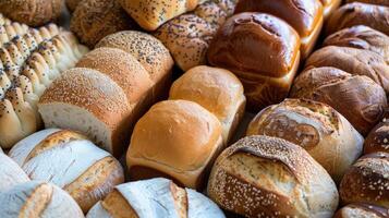 ai généré assorti boulangerie des produits comprenant pains de pain et Rouleaux. photo