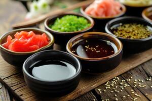 ai généré Japonais condiment pour Sushi. soja sauce, wasabi, mariné gingembre, sésame. Japonais cuisine. photo