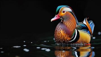 ai généré fermer de mandarin canard nager dans l'eau photo