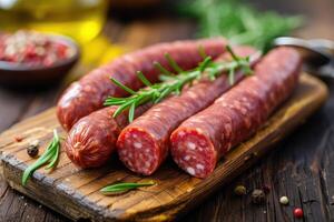 ai généré saucisse avec épices sur une vieux en bois tableau. photo