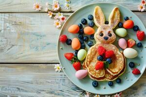 ai généré Pâques vacances enfants petit déjeuner crêpe dans le forme de un Pâques lapin avec baies et Pâques coloré des œufs sur une lumière en bois Contexte photo