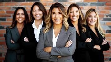 ai généré tout femelle équipe de professionnel femmes posant avec confiance dans le bureau, génératif ai photo