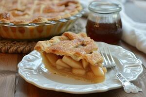 ai généré assiette avec une tranche de cuit Pomme tarte. photo