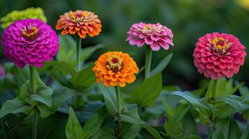 ai généré dans une fleur lit dans une grand nombre divers zinnias grandir et fleurir. photo