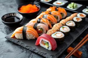 ai généré assorti Sushi. Sushi ensemble sur ardoise servi avec soja. Japonais cuisine. photo