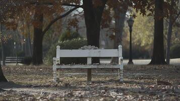 ai généré coup de une blanc banc dans une parc. photo