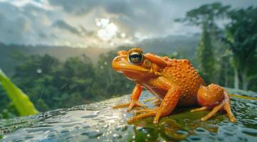 ai généré grenouille à le la nature bassin dans vert tropical forêt montrant abondant la nature photo