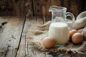 ai généré verre cruche de Lait et Oeuf sur en bois tableau. photo