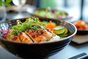 ai généré rôti poulet avec une côté de riz et des légumes. asiatique cuisine photo