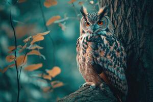 ai généré hibou séance sur le arbre dans le forêt. photo