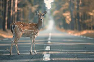 ai généré cerf permanent sur le route près forêt à de bonne heure Matin ou soir temps. route dangers, faune et transport. photo