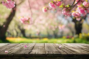 ai généré vide en bois table dans Sakura fleur parc avec jardin bokeh Contexte avec une pays Extérieur thème, modèle moquer en haut pour afficher de produit photo
