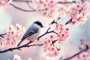 ai généré peu oiseau séance sur branche de fleur Cerise arbre. printemps temps. photo