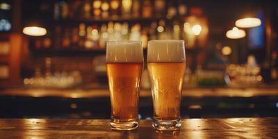 ai généré cette photo dépeint deux des lunettes de Bière mis sur Haut de une bar comptoir, capturer une fête moment dans une décontractée réglage