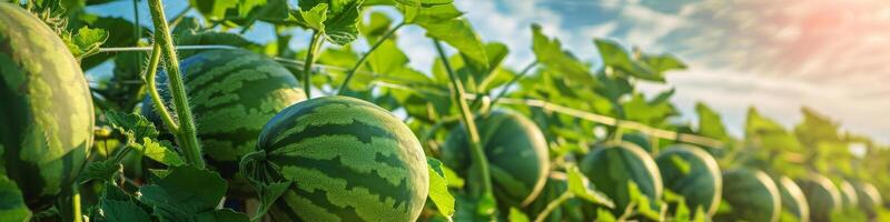 ai généré vibrant pastèques croissance dans ensoleillé champ photo