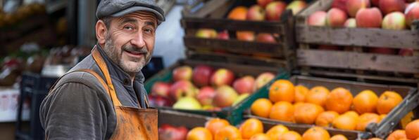 ai généré personnes âgées fruit vendeur à le sien marché stalle photo