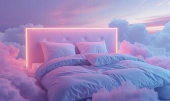 ai généré une confortable lit flottant dans le des nuages, illuminé avec lumière bleu et violet néon teintes photo