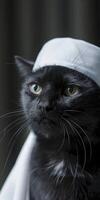 ai généré une noir chat portant blanc kufi casquette, islamique arrière-plan, eid mubarak photo