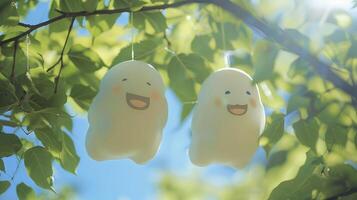 ai généré deux mignonne blanc souriant fantôme poupées coton pendaison sur une arbre, vert feuilles Contexte. photo