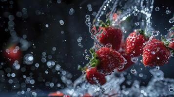 ai généré des fraises et l'eau dans le air sur une noir arrière-plan, photo