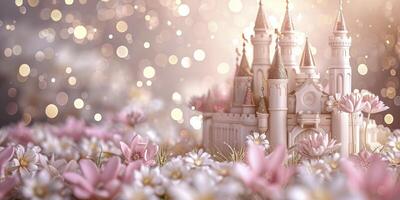 ai généré 3d dessin animé style magnifique Princesse Château entouré par fleurs photo