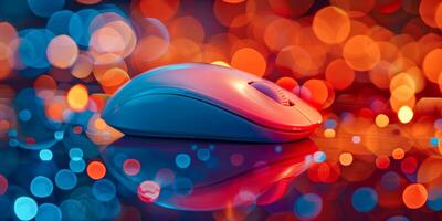 ai généré une moderne blanc ordinateur Souris est assis sur une brillant surface, illuminé par coloré bokeh lumière reflets création une de fête atmosphère photo