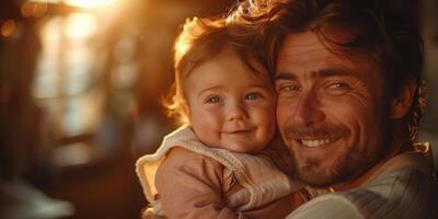 ai généré une homme est en portant une bébé dans le sien bras, mettant en valeur une soumissionner moment entre père et enfant. le mans sourire reflète joie et bonheur comme il soigneusement berceaux le bébé photo