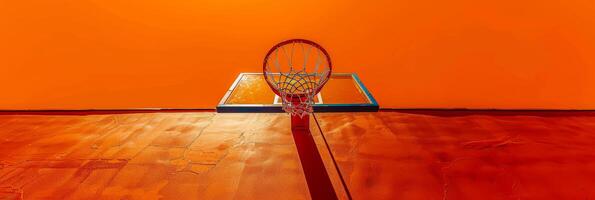 ai généré le ombre de une basketball cerceau est jeter sur une vibrant Orange mur. le silhouette de le cerceau et net crée une frappant image contre le brillant Contexte photo