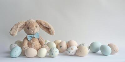 ai généré une photo avec une peluche marron lapin jouet avec longue oreilles séance dans de face de une rangée de coloré peint des œufs. le lapin apparaît mignonne et duveteux contre le vibrant toile de fond de le des œufs