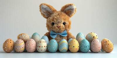 ai généré une photo avec une peluche marron lapin jouet avec longue oreilles séance dans de face de une rangée de coloré peint des œufs. le lapin apparaît mignonne et duveteux contre le vibrant toile de fond de le des œufs