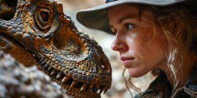 ai généré femelle paléontologiste avec dinosaure fossile. proche rencontre avec le passé par une femelle paléontologiste photo