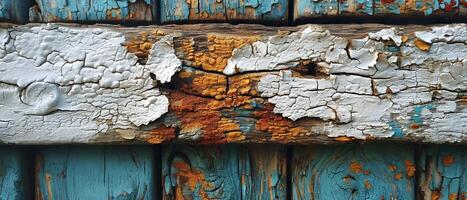 ai généré artistique fermer de fissuré et ébréché couches de blanc et bleu peindre plus de un vieux en bois texture photo