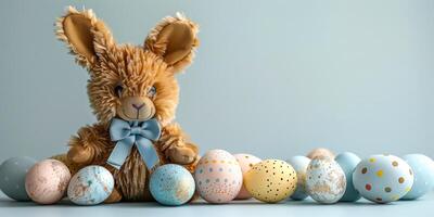 ai généré une photo avec une peluche marron lapin jouet avec longue oreilles séance dans de face de une rangée de coloré peint des œufs. le lapin apparaît mignonne et duveteux contre le vibrant toile de fond de le des œufs