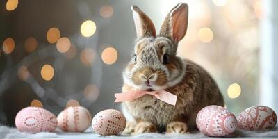 ai généré une lapin avec souple oreilles séance dans de face de une nid de œufs, mettant en valeur une scène de printemps ou Pâques décor photo