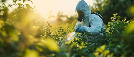 ai généré expert jardinier tendre à serre les plantes. expert dans Hazmat costume soins pour serre cultures photo