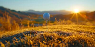 ai généré une le golf Balle prêt sur une tee, rétro-éclairé par le radiant d'or heure Soleil contre une flou Montagne paysage photo