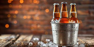 ai généré le image spectacles une table surmonté avec nombreuses bouteilles de Bière mis suivant à une pile de la glace cubes photo