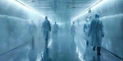 ai généré une groupe de personnes en marchant vers le bas une couloir dans un Bureau bâtiment. le groupe est en mouvement dans le même direction, avec une variété de Vêtements modes et âge représentée photo