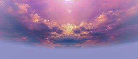 ai généré surréaliste rose des nuages et lumière du soleil ciel. spectaculaire vue de le ciel avec lumière du soleil diffusion par surréaliste rose et violet des nuages photo