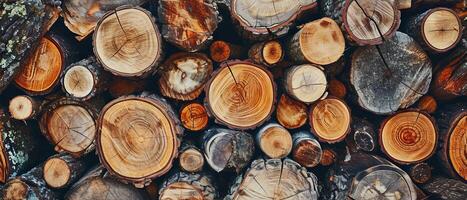 ai généré fermer vue de empilés bois journaux, mise en évidence le complexe motifs de arbre anneaux et textures. photo