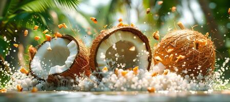 ai généré une bouquet de noix de coco est vu en volant par le air comme si elles ou ils sont exploser, mettant en valeur dynamique mouvement et Obliger photo